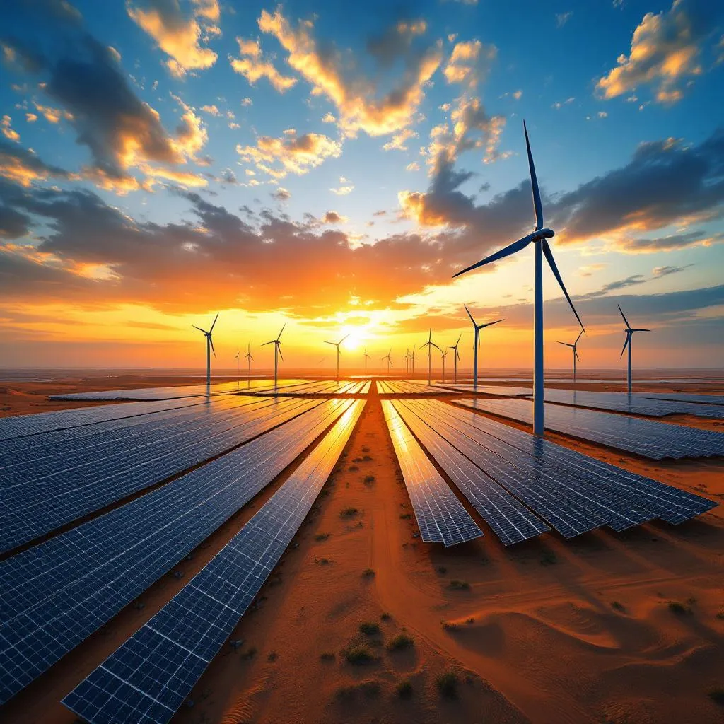 Renewable energy project — solar farm with wind turbines